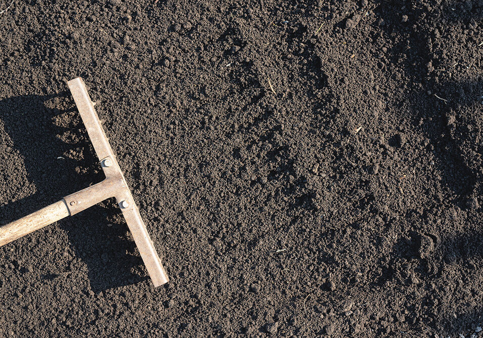 Rake on the soil of garden field top view background.